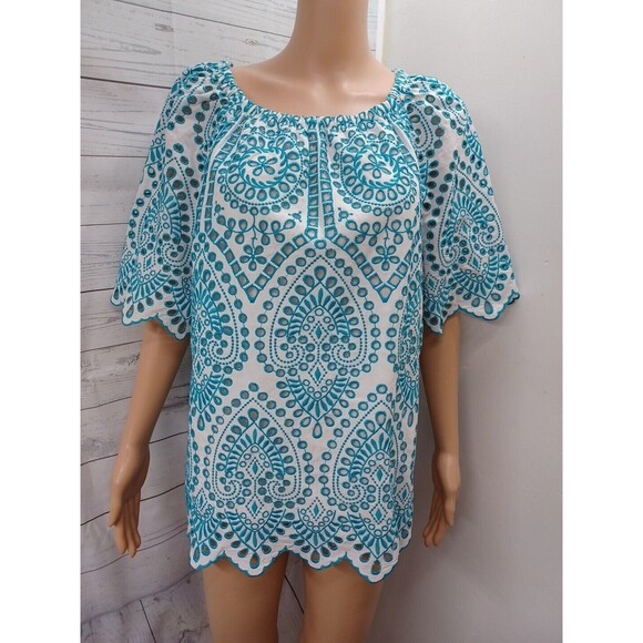 Chicos 2 Top Teal Blue Eyelet Cold Shoulder Short Zig Zag Sleeve Blouse M - Picture 1 of 11